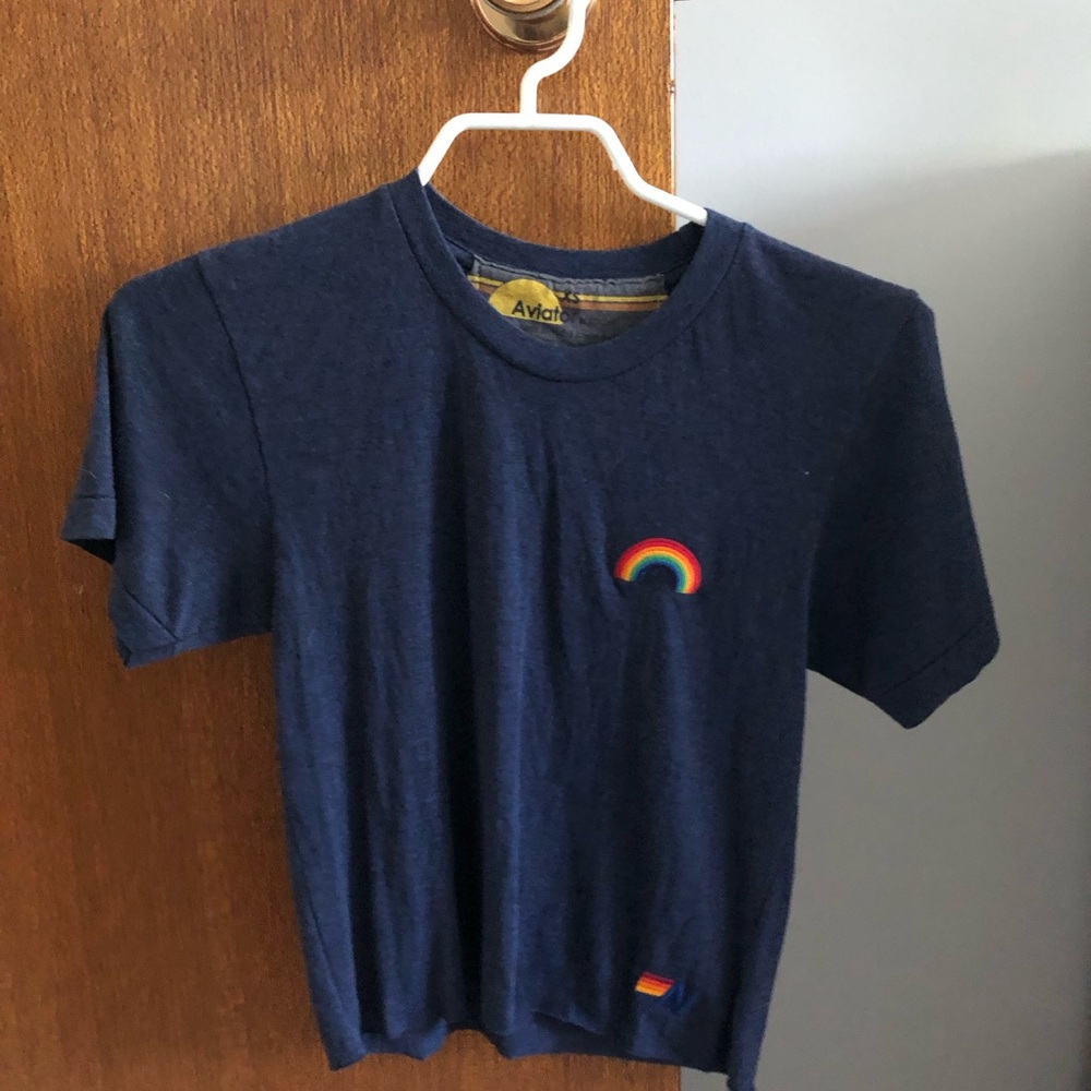 Authentic Aviator Nation Navy Blue T-Shirt with Rainbow Design